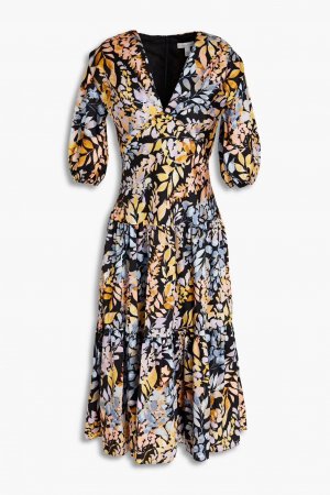 Платье миди из атласного твила со сборками и цветочным принтом Ml Monique Lhuillier, черный Lhuillier