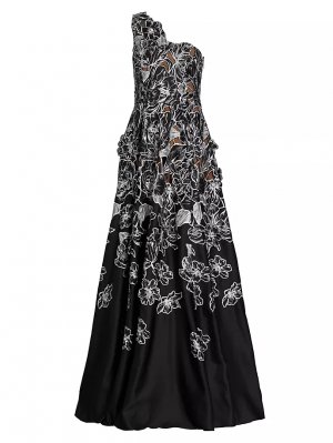 Платье на одно плечо с цветочной вышивкой , черный Marchesa Notte