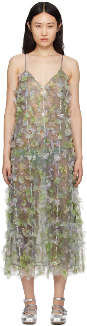 Зеленое платье-миди с цветочным принтом Anna Sui