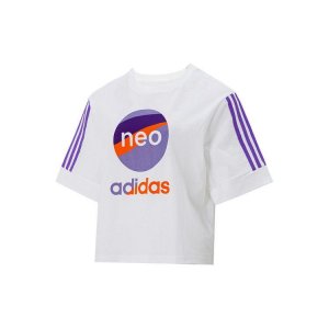 Neo Alphabet Pattern Print Striped Crop Casual Round Neck T-Shirt Women Tops White HF7311 Adidas