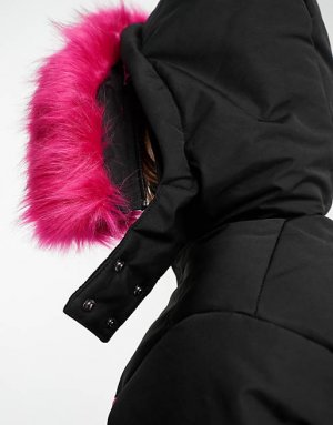Черно-розовая куртка-пуховик Ski с капюшоном из искусственного меха Threadbare
