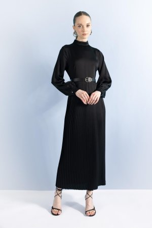 Атласное платье с длинным рукавом и плиссированным воротником-рубашкой , черный DeFacto