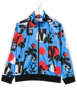 Спортивная куртка с цветочным принтом и логотипом Msgm Kids. Цвет: синий