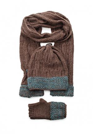 Комплект шапка, шарф и митенки Venera. Цвет: коричневый