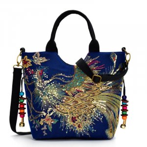 Женская холщовая сумка-тоут с блестками и павлином, вышитая летняя сумка для покупок, винтажная на веревке бисером VIA ROMA