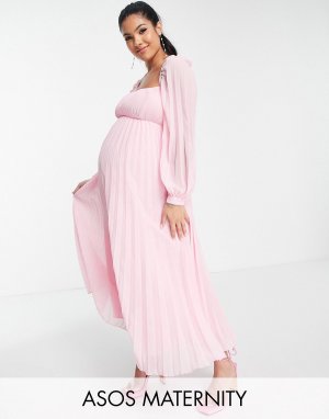 Нежно-розовое плиссированное платье миди с квадратным вырезом DESIGN Maternity Asos