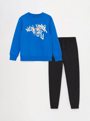 Толстовка и спортивные штаны с длинными рукавами круглым вырезом для мальчиков принтом , темно-синий LCW Kids