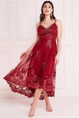 Платье миди с высоким низким вырезом и фестонами , красный Goddiva