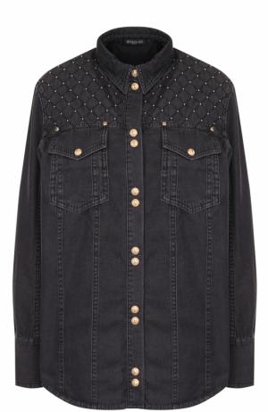 Джинсовая блуза с накладными карманами и потертостями Balmain. Цвет: серый