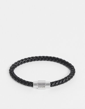 Плетеный кожаный браслет черного цвета -Черный цвет Icon Brand
