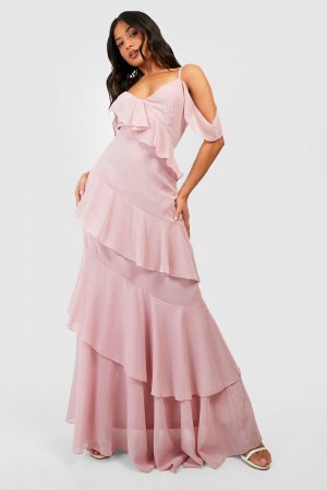 Миниатюрное асимметричное шифоновое платье макси с многоярусными рюшами boohoo, розовый Boohoo