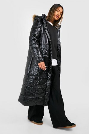 Утепленная куртка maxi cire с отделкой искусственного меха , черный Boohoo