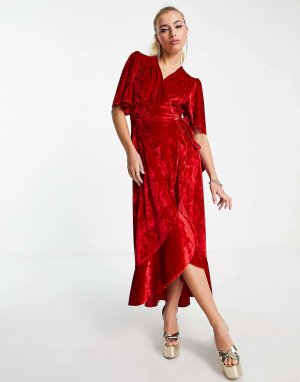 Красное бархатное платье макси с длинными рукавами и запахом Flounce London