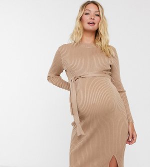 Бежевое платье миди в рубчик -Коричневый цвет New Look Maternity