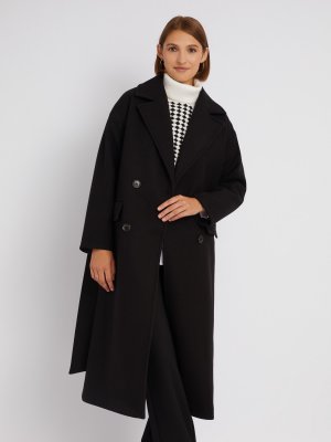 Длинное пальто оверсайз силуэта без утеплителя на пуговицах с поясом zolla. Цвет: черный