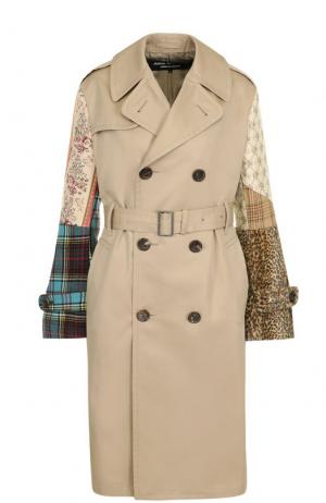 Двубортное пальто с декорированными рукавами и поясом Junya Watanabe. Цвет: бежевый