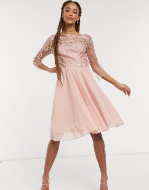 Платье миди цвета розового золота с кружевным верхом и расклешенной юбкой Genisis-Золотистый Chi London