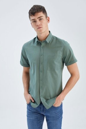 Базовая рубашка приталенного кроя из 100% хлопка с короткими рукавами , хаки DeFacto