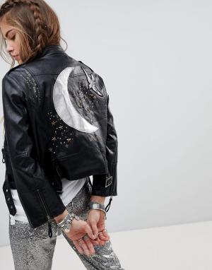 Байкерская куртка из искусственной кожи с декоративной отделкой на спине Native Rose. Цвет: черный