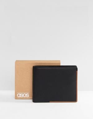 Черный кожаный бумажник со светло-коричневой подкладкой ASOS DESIGN. Цвет: черный