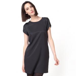 Платье короткое с короткими рукавами, бусинами и пайетками COLOR BLOCK. Цвет: черный