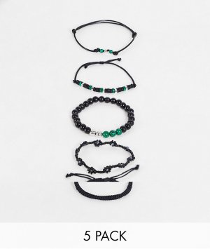 Набор из 5 черных браслетов шнурка и бусин зеленых полудрагоценных камней -Черный цвет ASOS DESIGN
