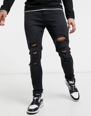 Черные супероблегающие джинсы с рваной отделкой -Черный Bershka