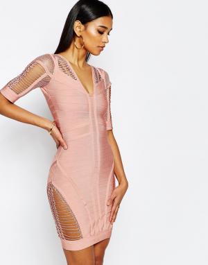 Облегающее бандажное платье с ажурными вставками WOW Couture. Цвет: розовый