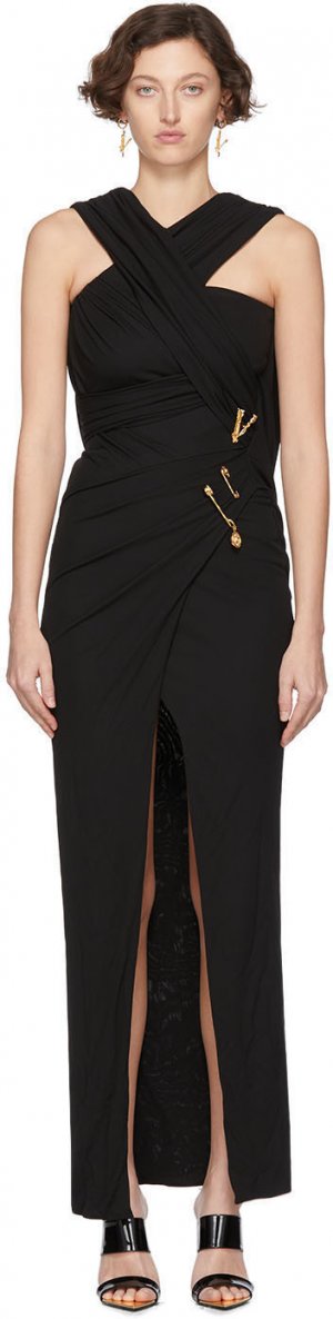 Черное длинное платье с драпировкой и медузой Versace