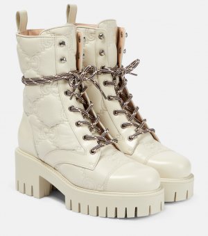 Стеганые кожаные ботинки на шнуровке с узором GG , белый Gucci