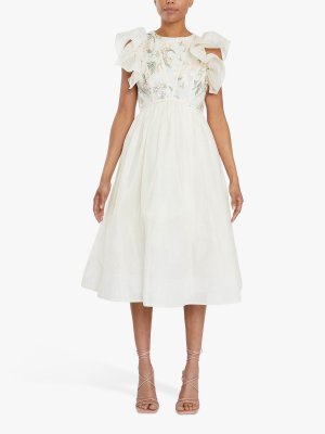 Платье миди с кружевными рукавами и рюшами , Белый True Decadence