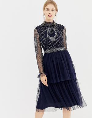 Декорированное платье с длинными рукавами и юбкой из тюля Frock & Frill and. Цвет: темно-синий