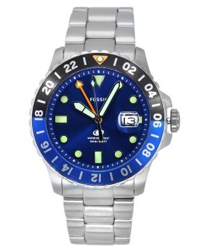 Blue GMT Кварцевые мужские часы из нержавеющей стали с синим циферблатом FS5991 100M Fossil