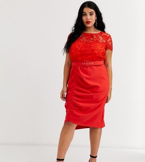 Красное платье миди с кружевным топом и поясом -Красный Paper Dolls Plus
