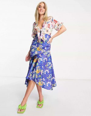 Чайное платье миди с завязкой спереди и контрастным цветочным принтом Hope & Ivy