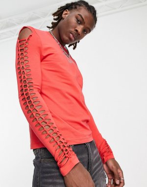 Красная облегающая футболка с длинными рукавами плетеными и заклепками ASOS DESIGN