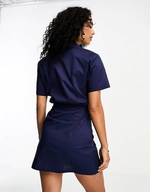 Темно-синее платье-рубашка с короткими рукавами и завязкой на талии Mango