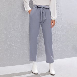 Зауженные брюки с высокой талией поясом SHEIN. Цвет: лиловый фиолетовый