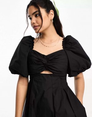 Черное мини-платье с объемными рукавами и вырезами Moon River