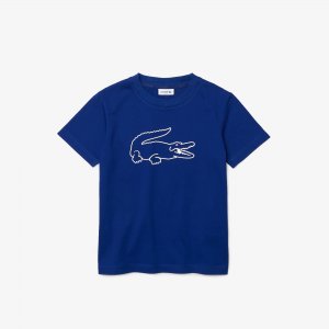 Футболки Хлопковая футболка с крокодиловым принтом для мальчиков Lacoste. Цвет: синий