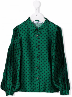 Рубашка с плиссированными рукавами и узором в горох MSGM Kids. Цвет: зеленый