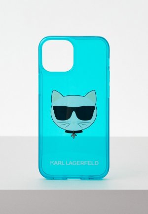 Чехол для iPhone Karl Lagerfeld 13 mini, TPU FLUO Choupette Hard Transp Blue. Цвет: бирюзовый