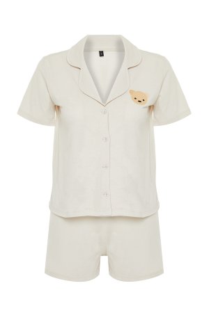 Бежевый хлопковый вязаный пижамный комплект с вышивкой «Плюшевый мишка Тедди» Trendyol