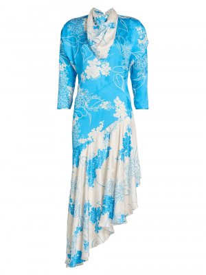 Асимметричное шелковое платье с принтом, бирюзовый Rodarte