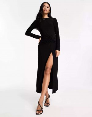 Черное платье миди с длинными рукавами и рюшами New Look