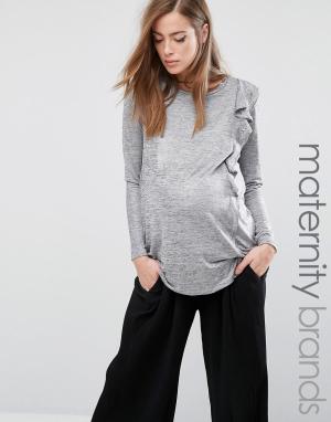 Топ металлик для беременных с длинными рукавами и рюшами Bluebelle Maternity. Цвет: серебряный