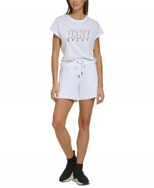 Женские спортивные шорты из хлопка с логотипом и кулиской , белый DKNY