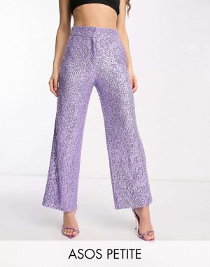 Пурпурные прямые брюки с пайетками на щиколотке ASOS Petite. Цвет: фиолетовый