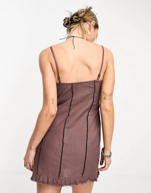 Темно-серо-коричневое льняное мини-платье со швами Motel