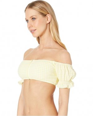 Топ бикини Gingham Puff Sleeve Bikini Top, цвет Lemonade/White Jonathan Simkhai